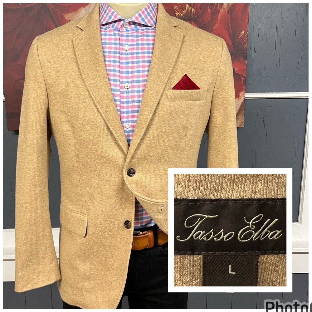 Tasso Elba Knit Blazer Mens Sz Large (42R) Cotton Blend Stretch Golden Khaki